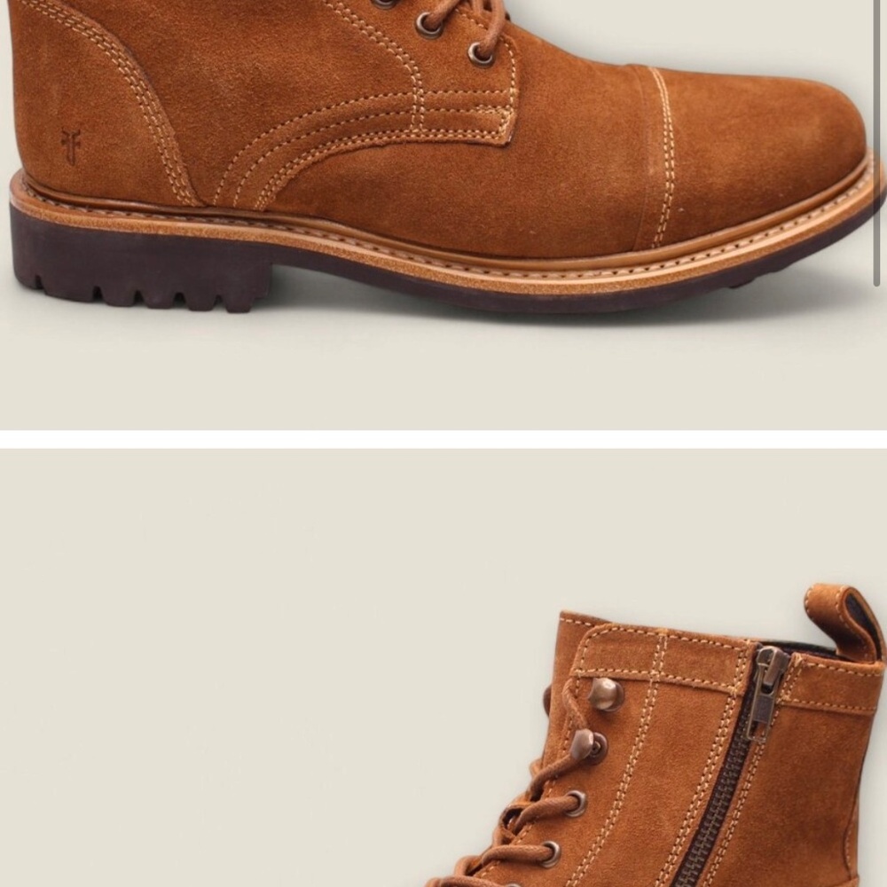 Brand New! Mens Frye Russell Lace-Up Suede Boots w side zipper in tan S-8 - Picture 9 of 13